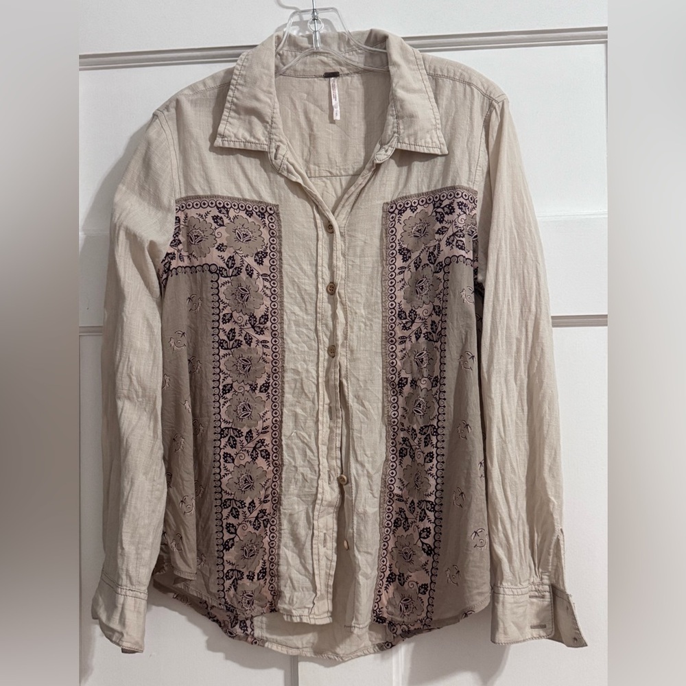 Free People Button-Up Shirt Beige and Purple Embroidered